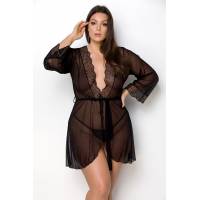 Пеньюар Passion Amberly Peignoir 6XL/7XL black, ажурные декольте и манжеты, широкие рукава